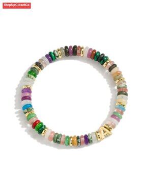 14K Gold Filled Natural Gemstone Beaded Bracelet with Initial Charm, Boho